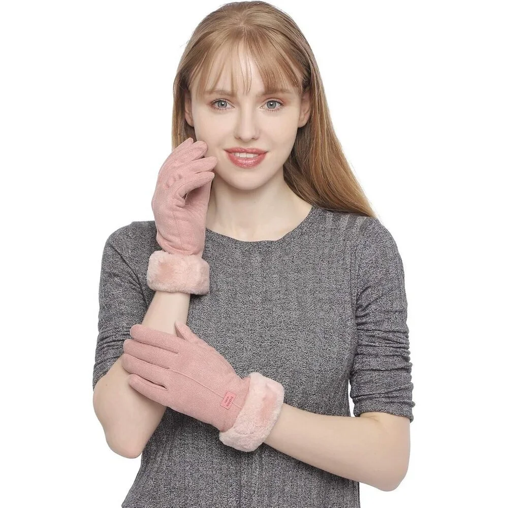 Women's Faux Suede Gloves Furry Cuffs Touchscreen Warm Fleece Lined